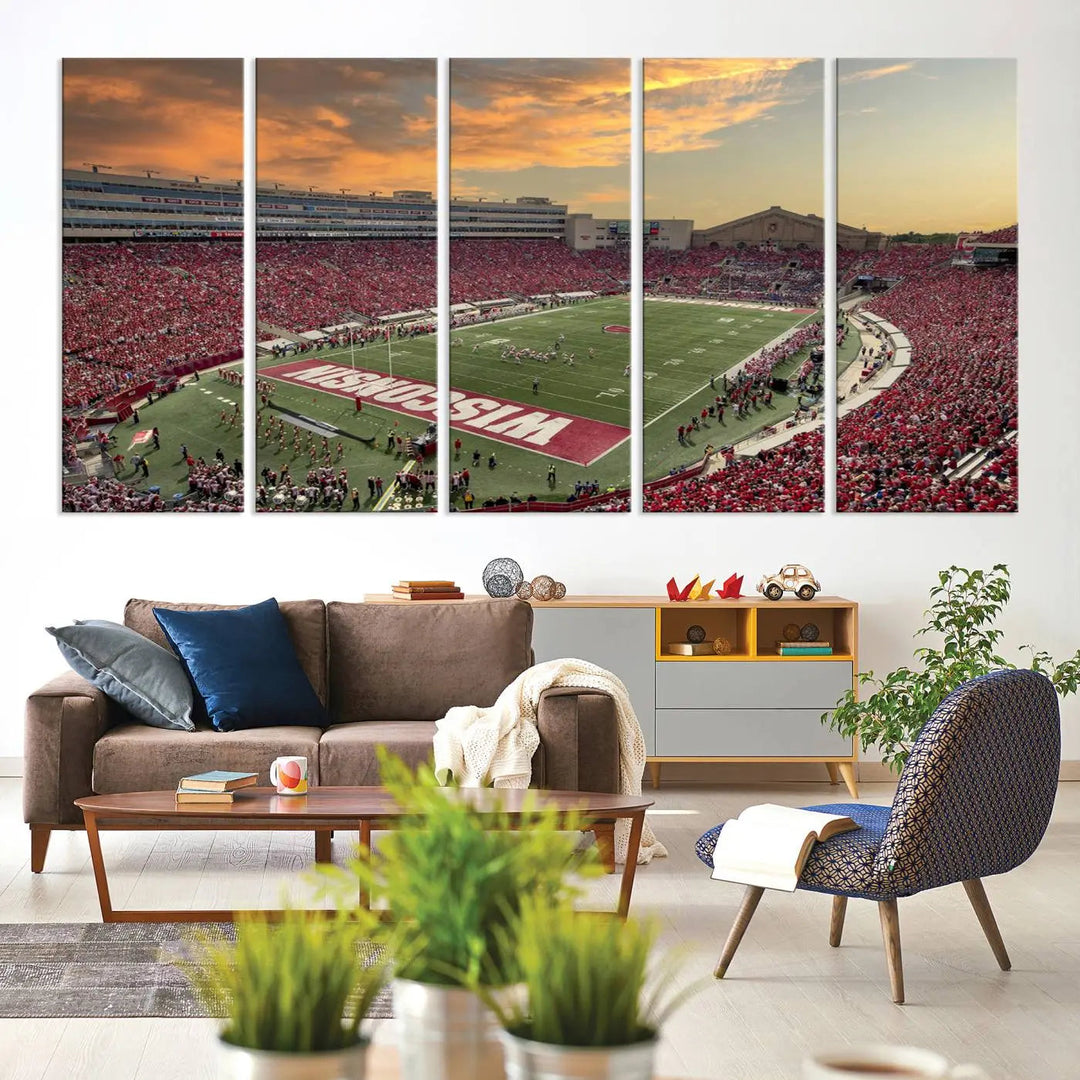 A captivating Camp Randall Stadium Wisconsin Badgers Large Wall Art Canvas Print, showcasing a sunset scene, beautifully captures the essence of college football spirit.