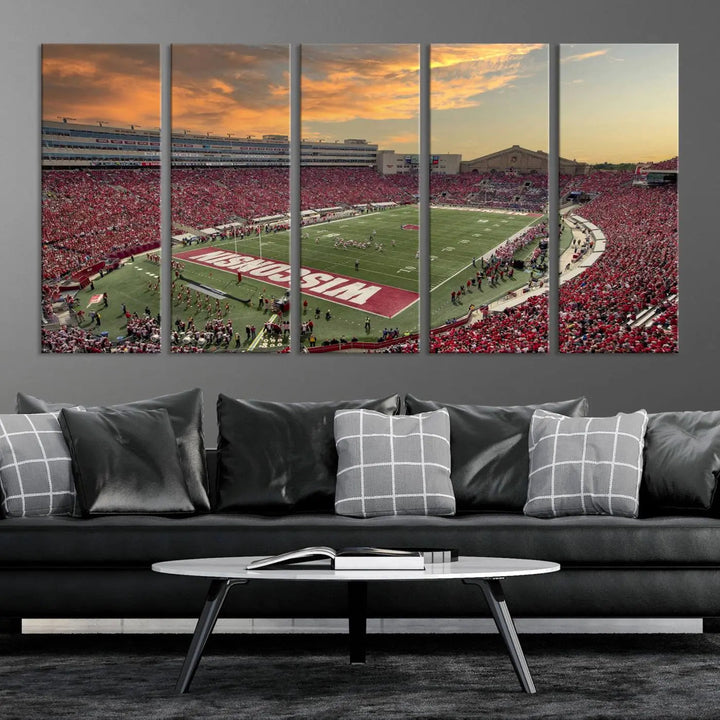 A captivating Camp Randall Stadium Wisconsin Badgers Large Wall Art Canvas Print, showcasing a sunset scene, beautifully captures the essence of college football spirit.