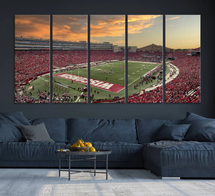 A captivating Camp Randall Stadium Wisconsin Badgers Large Wall Art Canvas Print, showcasing a sunset scene, beautifully captures the essence of college football spirit.