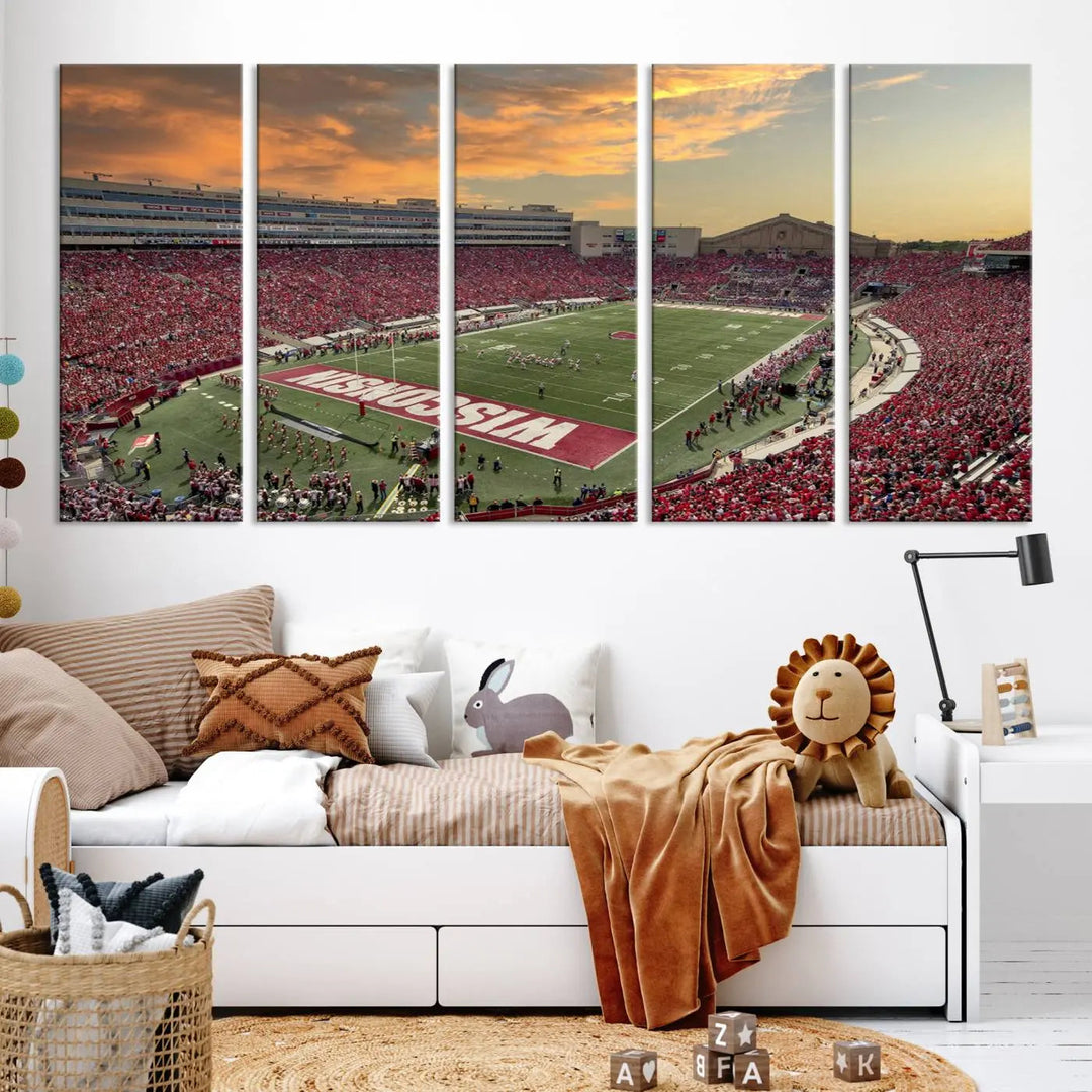 A captivating Camp Randall Stadium Wisconsin Badgers Large Wall Art Canvas Print, showcasing a sunset scene, beautifully captures the essence of college football spirit.