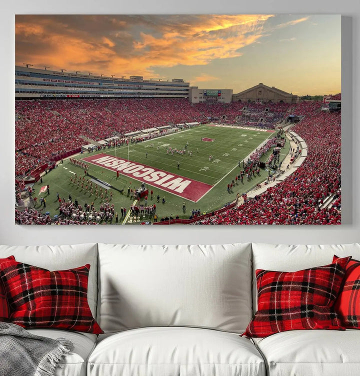 A captivating Camp Randall Stadium Wisconsin Badgers Large Wall Art Canvas Print, showcasing a sunset scene, beautifully captures the essence of college football spirit.