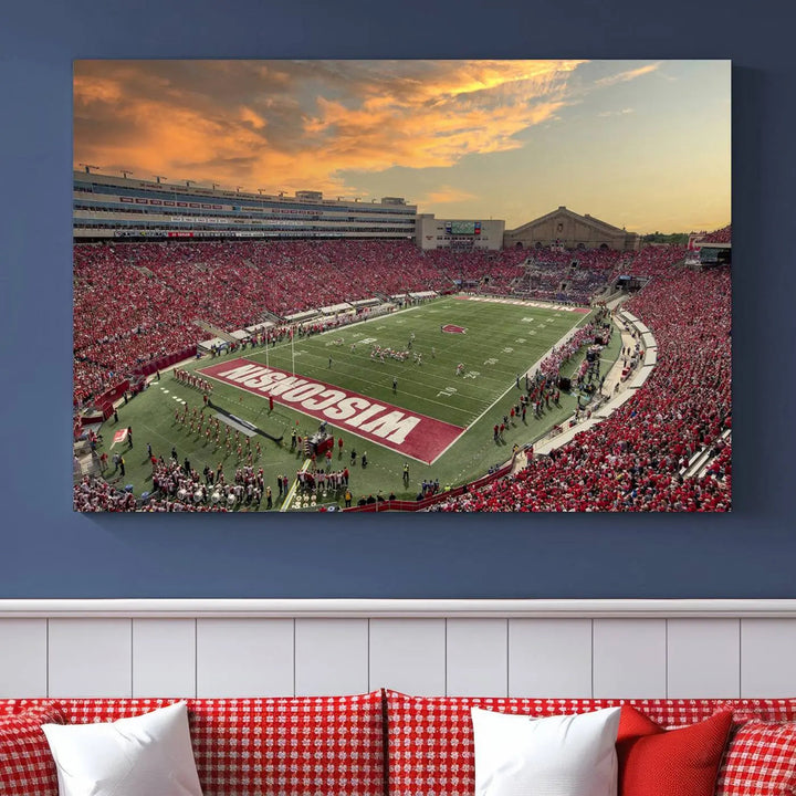 A captivating Camp Randall Stadium Wisconsin Badgers Large Wall Art Canvas Print, showcasing a sunset scene, beautifully captures the essence of college football spirit.