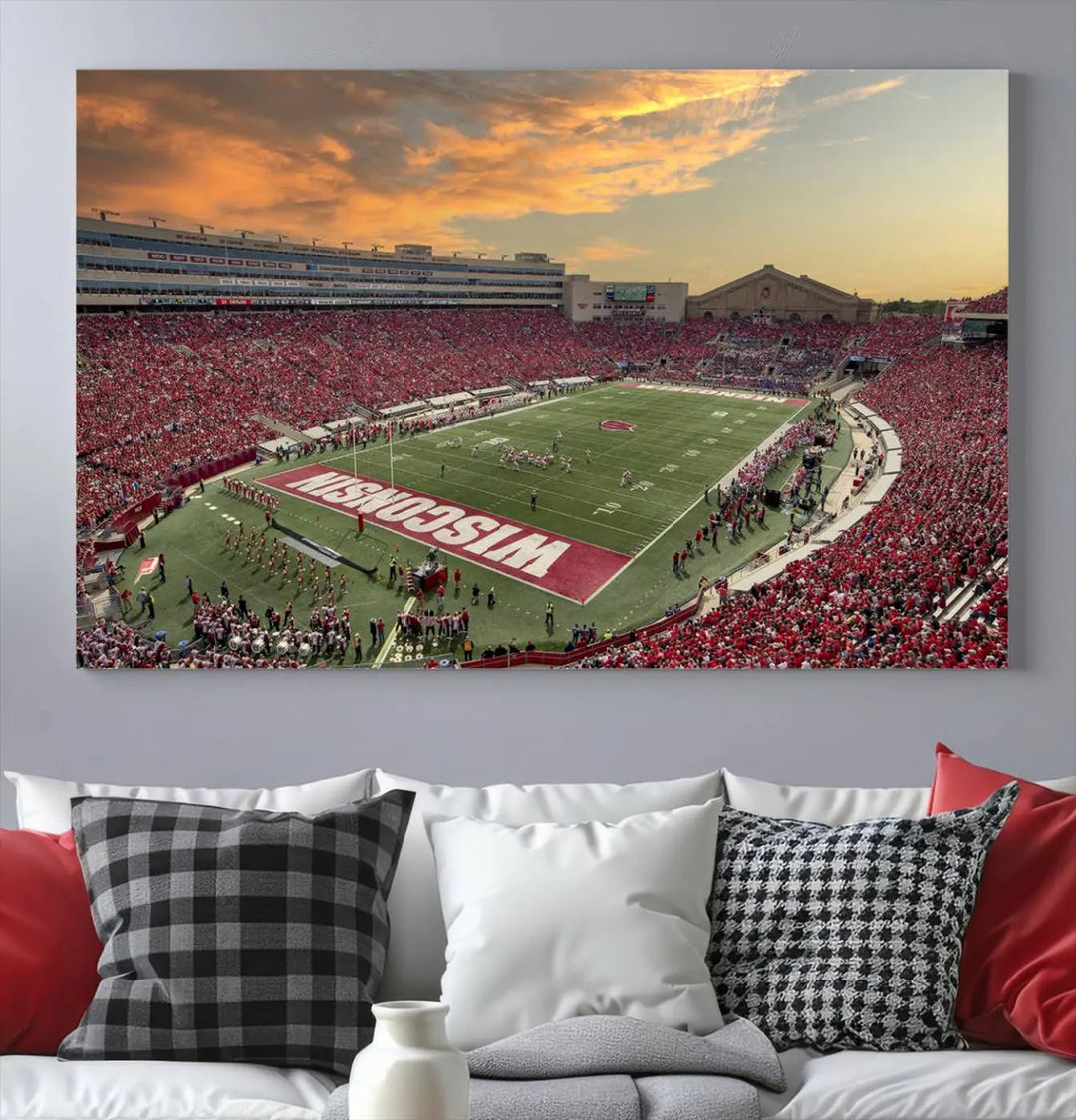 A captivating Camp Randall Stadium Wisconsin Badgers Large Wall Art Canvas Print, showcasing a sunset scene, beautifully captures the essence of college football spirit.