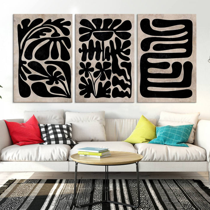 The living room showcases a museum-quality Canvas Print Wall Art Abstract Illustrs Art Boho with black and white abstract designs. The artwork is ready to hang and comes with a UV-protective coating to maintain its lasting vibrancy.