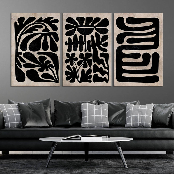 The living room showcases a museum-quality Canvas Print Wall Art Abstract Illustrs Art Boho with black and white abstract designs. The artwork is ready to hang and comes with a UV-protective coating to maintain its lasting vibrancy.