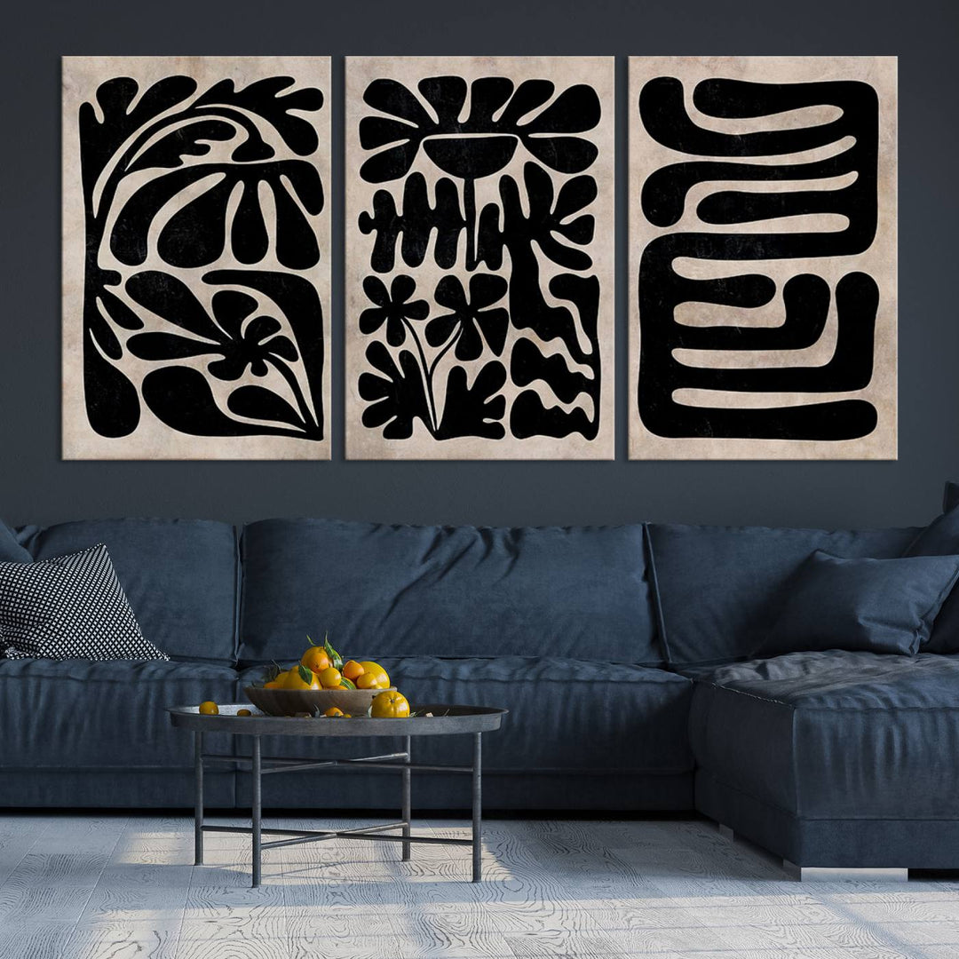 The living room showcases a museum-quality Canvas Print Wall Art Abstract Illustrs Art Boho with black and white abstract designs. The artwork is ready to hang and comes with a UV-protective coating to maintain its lasting vibrancy.