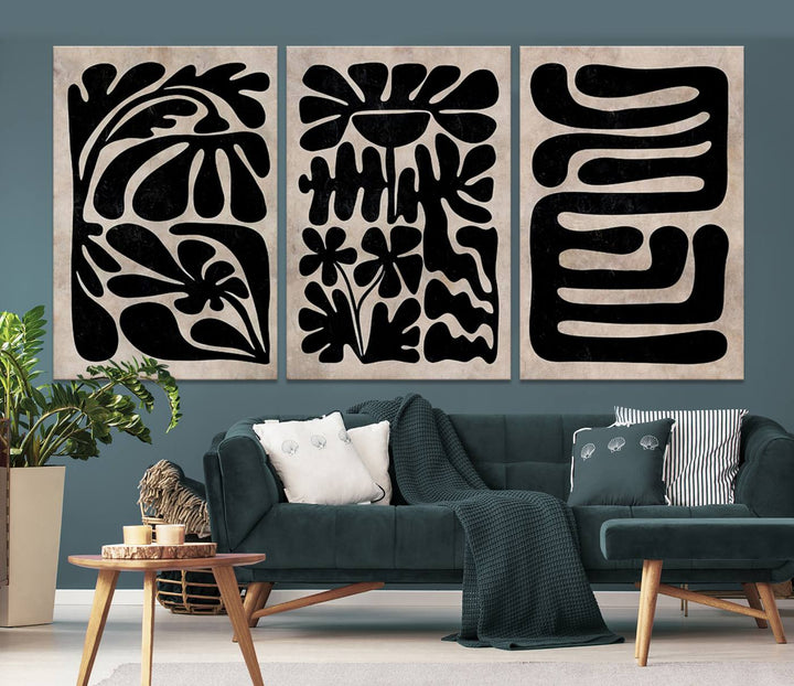 The living room showcases a museum-quality Canvas Print Wall Art Abstract Illustrs Art Boho with black and white abstract designs. The artwork is ready to hang and comes with a UV-protective coating to maintain its lasting vibrancy.