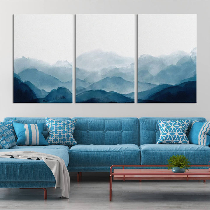 A modern living room features a three-panel canvas of green forest nature scenery photography on the wall. The artwork is gallery wrapped in museum-quality canvases, ensuring both durability and an exquisite display.