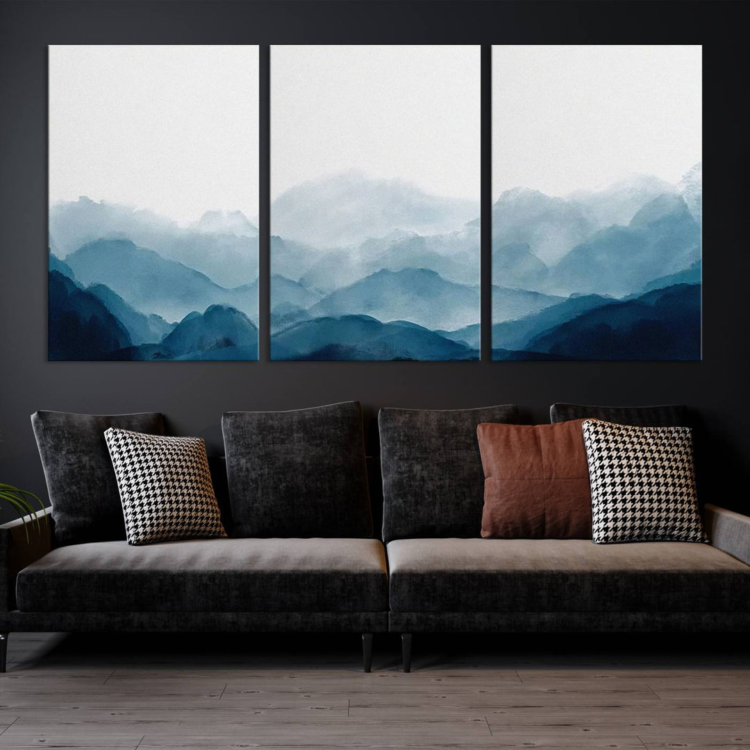 A modern living room features a three-panel canvas of green forest nature scenery photography on the wall. The artwork is gallery wrapped in museum-quality canvases, ensuring both durability and an exquisite display.