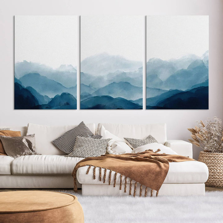 A modern living room features a three-panel canvas of green forest nature scenery photography on the wall. The artwork is gallery wrapped in museum-quality canvases, ensuring both durability and an exquisite display.