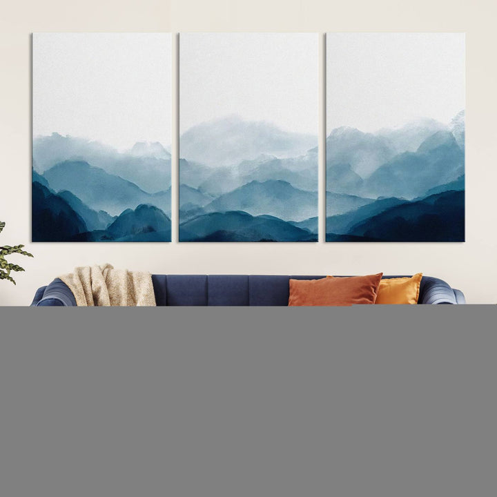 A modern living room features a three-panel canvas of green forest nature scenery photography on the wall. The artwork is gallery wrapped in museum-quality canvases, ensuring both durability and an exquisite display.