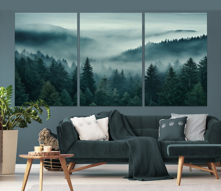 Enhance your living space with the Captivating Misty Fogy Forest Wall Art Premium Canvas Print. This triptych showcases a misty evergreen forest and is crafted on museum-quality canvases. Enjoy the added benefit of free shipping with this stunning piece of art.