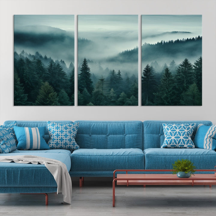 Enhance your living space with the Captivating Misty Fogy Forest Wall Art Premium Canvas Print. This triptych showcases a misty evergreen forest and is crafted on museum-quality canvases. Enjoy the added benefit of free shipping with this stunning piece of art.