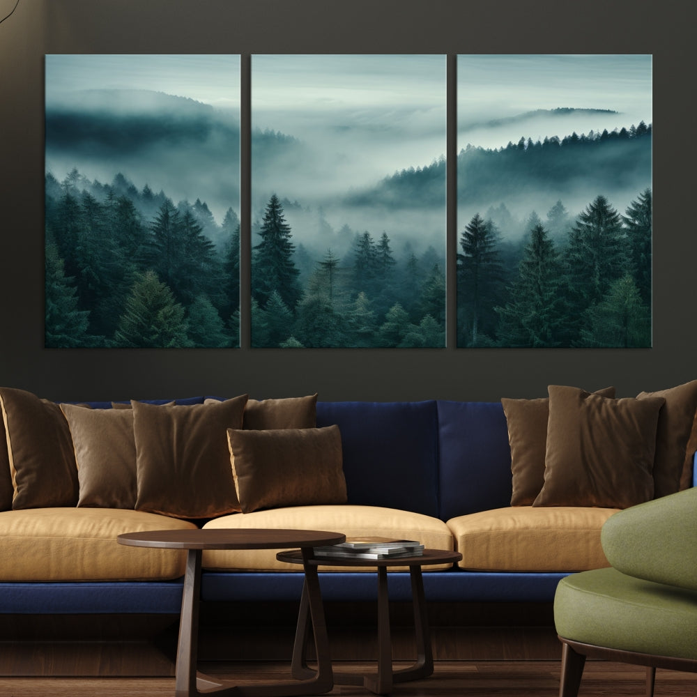 Enhance your living space with the Captivating Misty Fogy Forest Wall Art Premium Canvas Print. This triptych showcases a misty evergreen forest and is crafted on museum-quality canvases. Enjoy the added benefit of free shipping with this stunning piece of art.