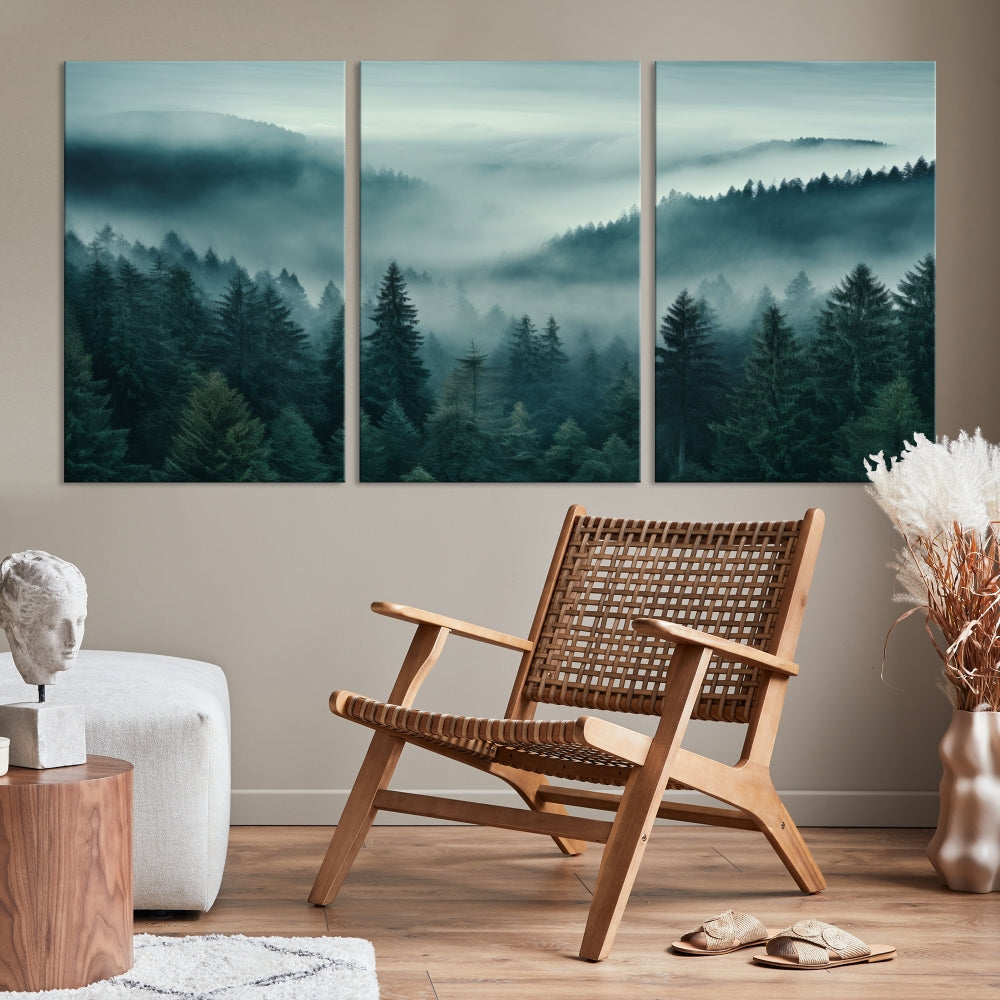 Enhance your living space with the Captivating Misty Fogy Forest Wall Art Premium Canvas Print. This triptych showcases a misty evergreen forest and is crafted on museum-quality canvases. Enjoy the added benefit of free shipping with this stunning piece of art.