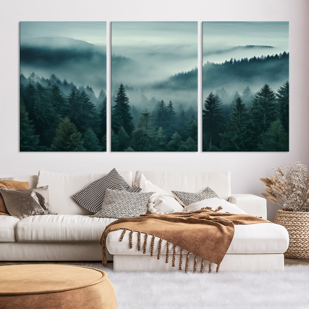 Enhance your living space with the Captivating Misty Fogy Forest Wall Art Premium Canvas Print. This triptych showcases a misty evergreen forest and is crafted on museum-quality canvases. Enjoy the added benefit of free shipping with this stunning piece of art.