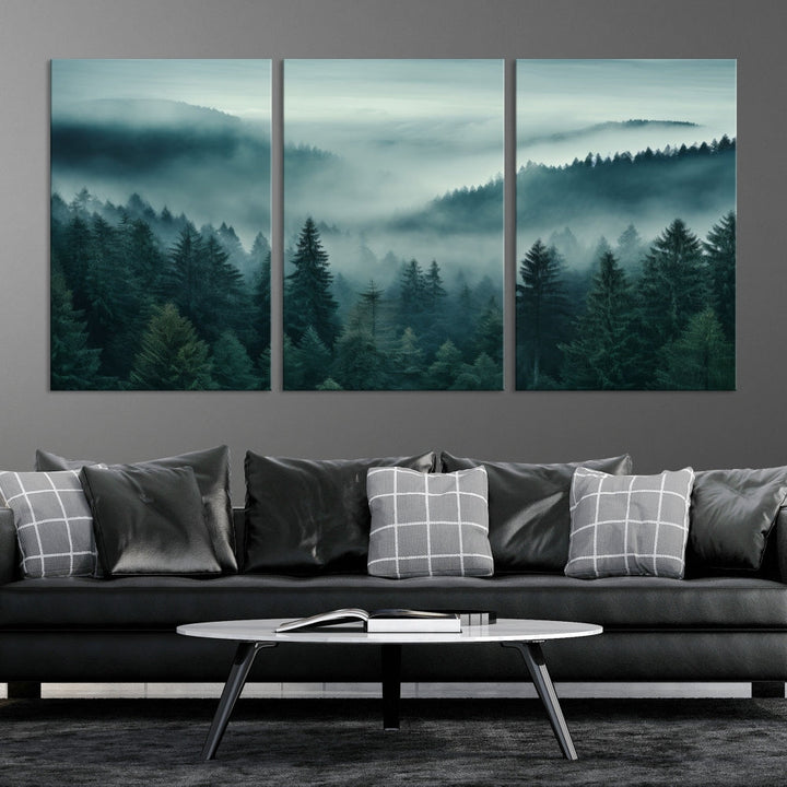 Enhance your living space with the Captivating Misty Fogy Forest Wall Art Premium Canvas Print. This triptych showcases a misty evergreen forest and is crafted on museum-quality canvases. Enjoy the added benefit of free shipping with this stunning piece of art.