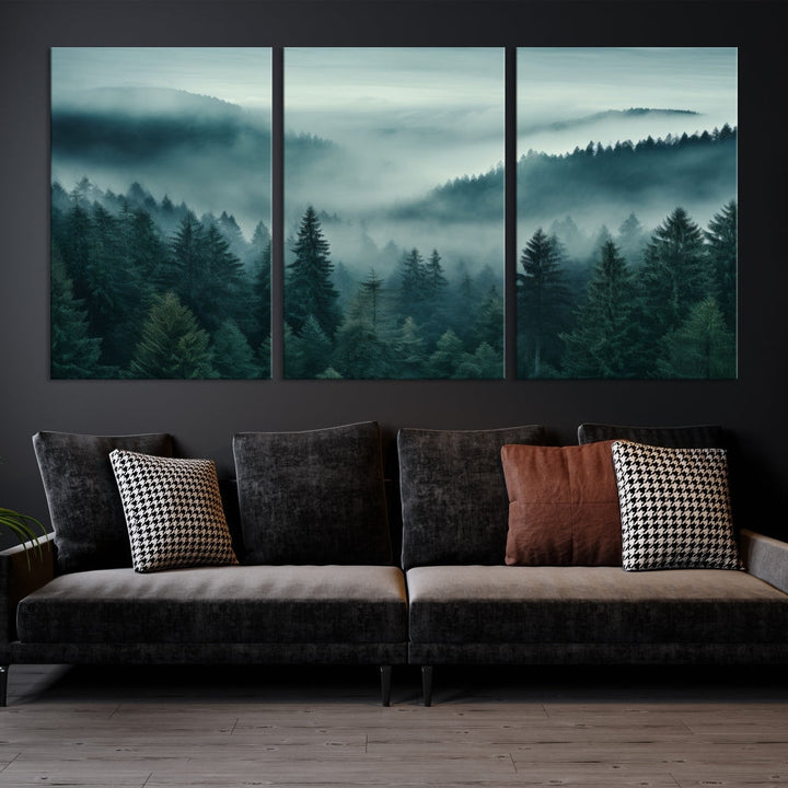 Enhance your living space with the Captivating Misty Fogy Forest Wall Art Premium Canvas Print. This triptych showcases a misty evergreen forest and is crafted on museum-quality canvases. Enjoy the added benefit of free shipping with this stunning piece of art.