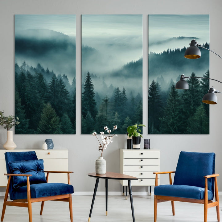 Enhance your living space with the Captivating Misty Fogy Forest Wall Art Premium Canvas Print. This triptych showcases a misty evergreen forest and is crafted on museum-quality canvases. Enjoy the added benefit of free shipping with this stunning piece of art.