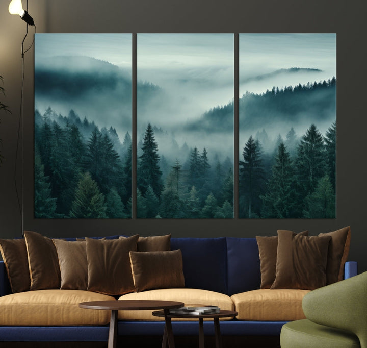 Enhance your living space with the Captivating Misty Fogy Forest Wall Art Premium Canvas Print. This triptych showcases a misty evergreen forest and is crafted on museum-quality canvases. Enjoy the added benefit of free shipping with this stunning piece of art.