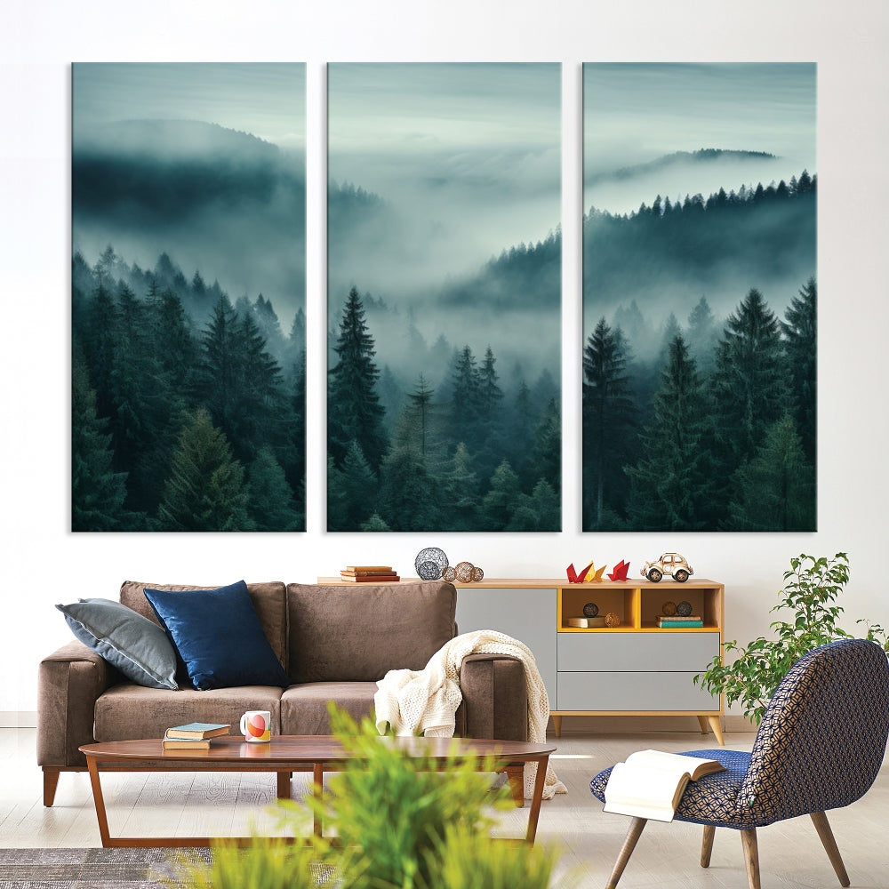 Enhance your living space with the Captivating Misty Fogy Forest Wall Art Premium Canvas Print. This triptych showcases a misty evergreen forest and is crafted on museum-quality canvases. Enjoy the added benefit of free shipping with this stunning piece of art.