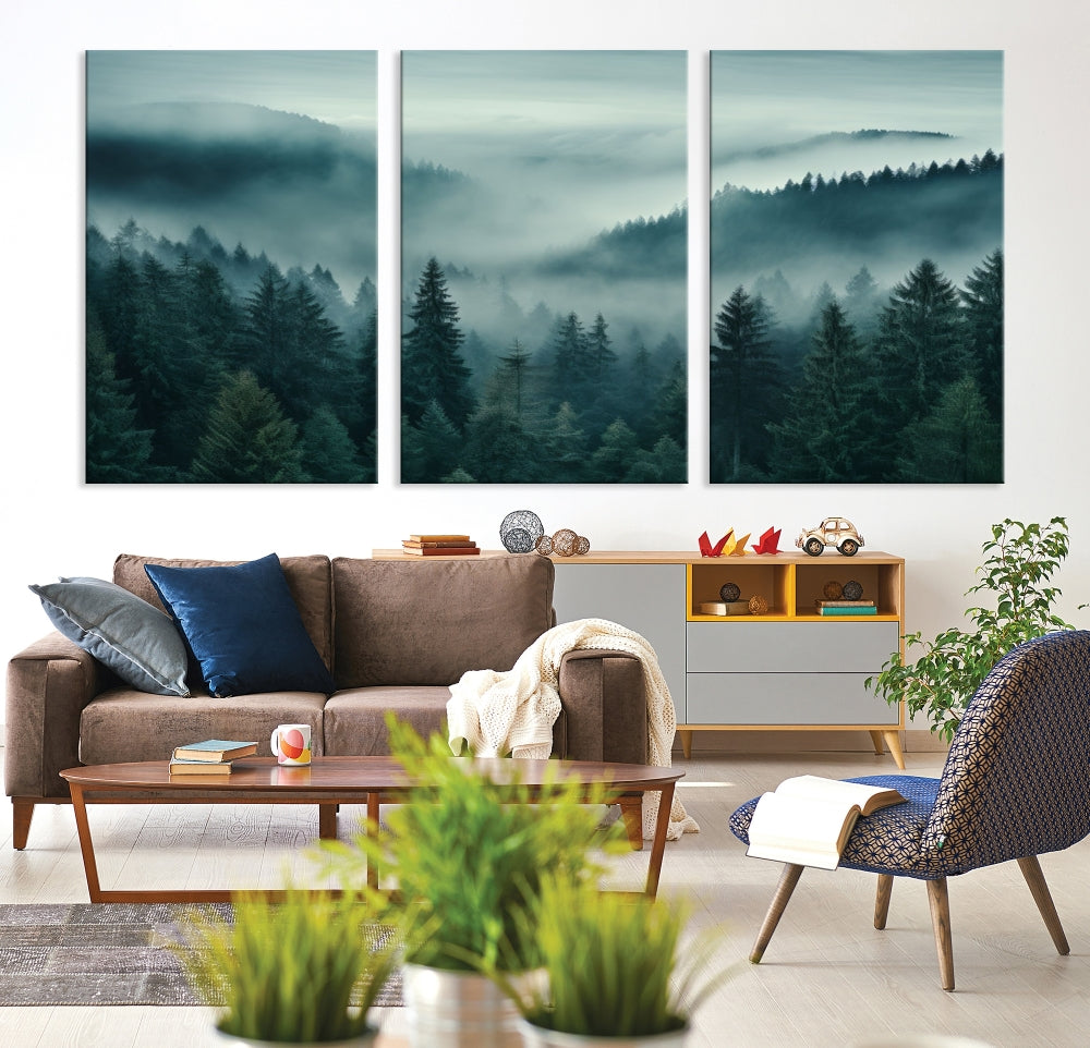 Enhance your living space with the Captivating Misty Fogy Forest Wall Art Premium Canvas Print. This triptych showcases a misty evergreen forest and is crafted on museum-quality canvases. Enjoy the added benefit of free shipping with this stunning piece of art.