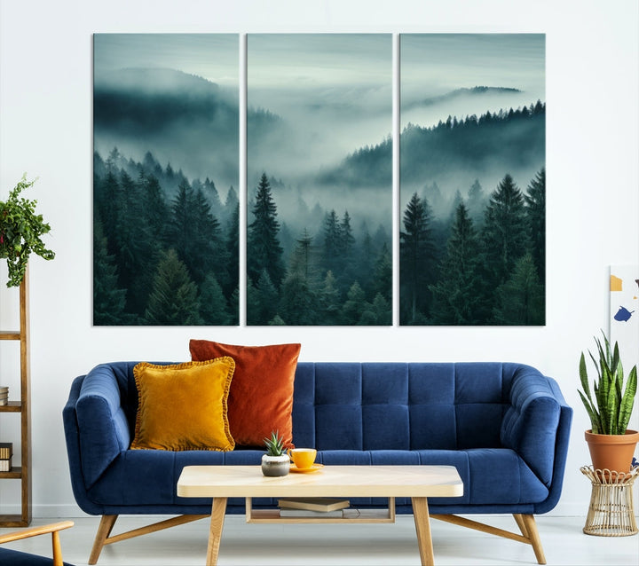 Enhance your living space with the Captivating Misty Fogy Forest Wall Art Premium Canvas Print. This triptych showcases a misty evergreen forest and is crafted on museum-quality canvases. Enjoy the added benefit of free shipping with this stunning piece of art.