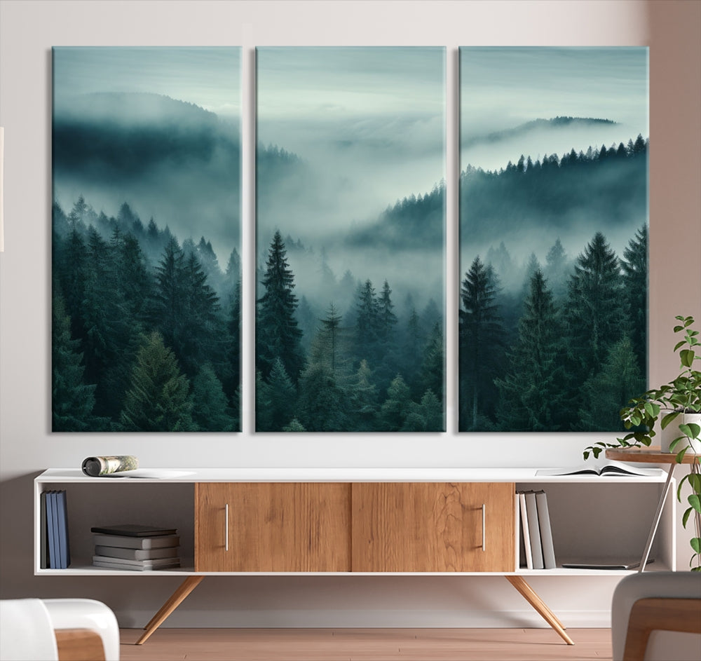 Enhance your living space with the Captivating Misty Fogy Forest Wall Art Premium Canvas Print. This triptych showcases a misty evergreen forest and is crafted on museum-quality canvases. Enjoy the added benefit of free shipping with this stunning piece of art.