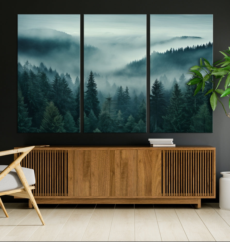 Enhance your living space with the Captivating Misty Fogy Forest Wall Art Premium Canvas Print. This triptych showcases a misty evergreen forest and is crafted on museum-quality canvases. Enjoy the added benefit of free shipping with this stunning piece of art.