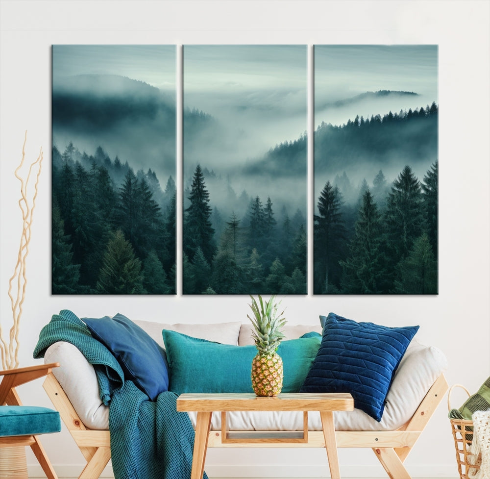 Enhance your living space with the Captivating Misty Fogy Forest Wall Art Premium Canvas Print. This triptych showcases a misty evergreen forest and is crafted on museum-quality canvases. Enjoy the added benefit of free shipping with this stunning piece of art.