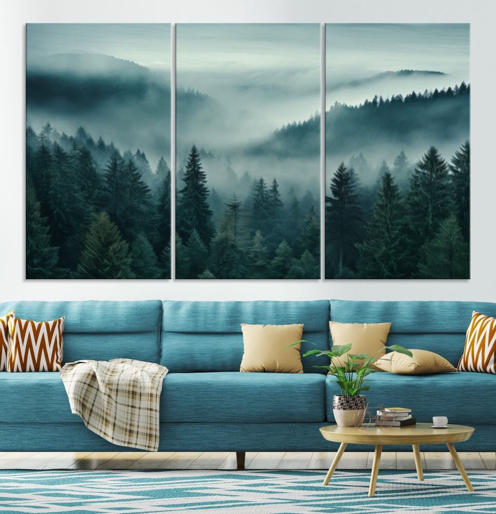 Enhance your living space with the Captivating Misty Fogy Forest Wall Art Premium Canvas Print. This triptych showcases a misty evergreen forest and is crafted on museum-quality canvases. Enjoy the added benefit of free shipping with this stunning piece of art.