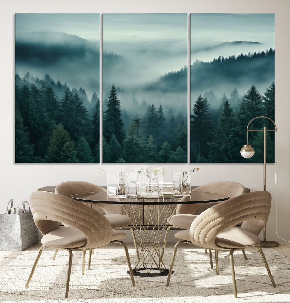 Enhance your living space with the Captivating Misty Fogy Forest Wall Art Premium Canvas Print. This triptych showcases a misty evergreen forest and is crafted on museum-quality canvases. Enjoy the added benefit of free shipping with this stunning piece of art.