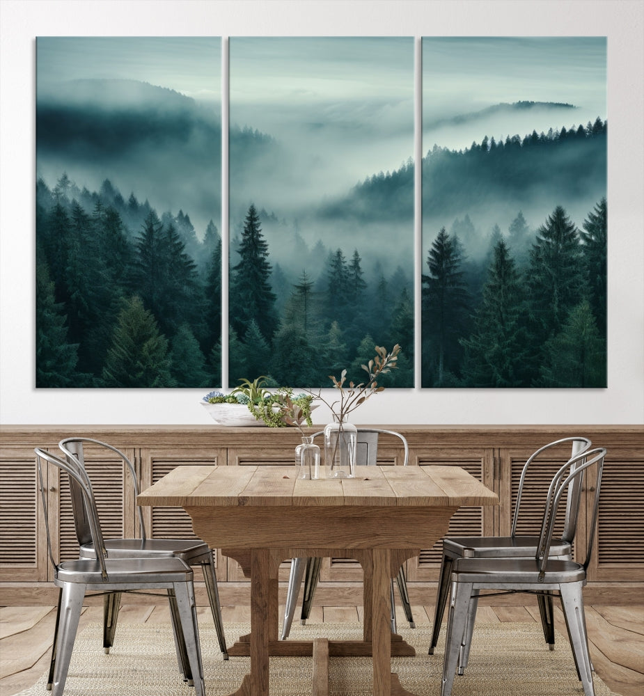 Enhance your living space with the Captivating Misty Fogy Forest Wall Art Premium Canvas Print. This triptych showcases a misty evergreen forest and is crafted on museum-quality canvases. Enjoy the added benefit of free shipping with this stunning piece of art.