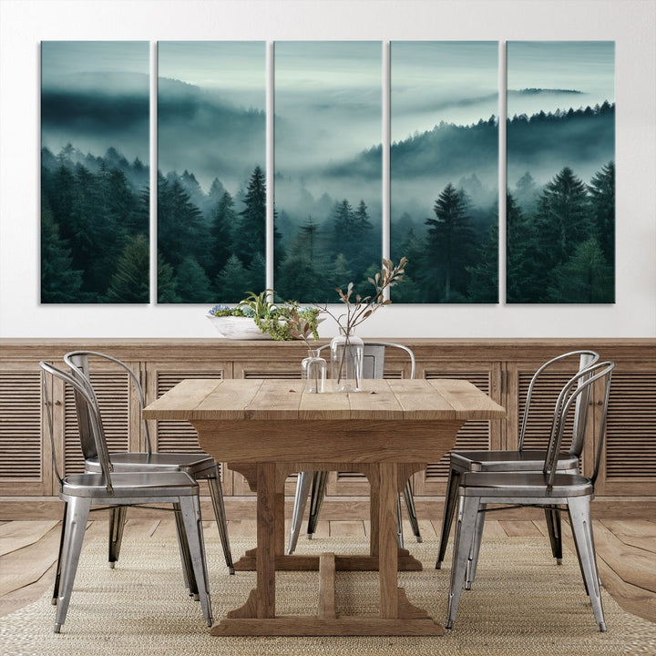 Enhance your living space with the Captivating Misty Fogy Forest Wall Art Premium Canvas Print. This triptych showcases a misty evergreen forest and is crafted on museum-quality canvases. Enjoy the added benefit of free shipping with this stunning piece of art.