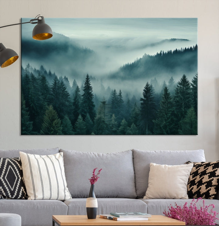 Enhance your living space with the Captivating Misty Fogy Forest Wall Art Premium Canvas Print. This triptych showcases a misty evergreen forest and is crafted on museum-quality canvases. Enjoy the added benefit of free shipping with this stunning piece of art.