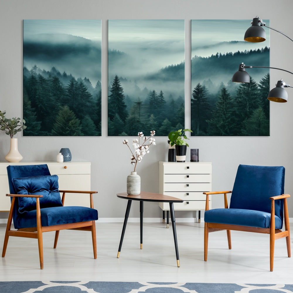 Enhance your living space with the Captivating Misty Fogy Forest Wall Art Premium Canvas Print. This triptych showcases a misty evergreen forest and is crafted on museum-quality canvases. Enjoy the added benefit of free shipping with this stunning piece of art.