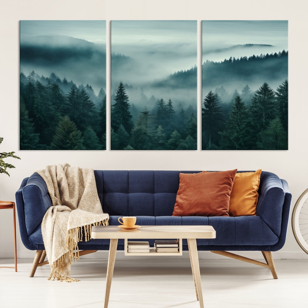 Enhance your living space with the Captivating Misty Fogy Forest Wall Art Premium Canvas Print. This triptych showcases a misty evergreen forest and is crafted on museum-quality canvases. Enjoy the added benefit of free shipping with this stunning piece of art.