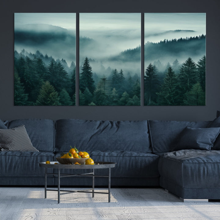 Enhance your living space with the Captivating Misty Fogy Forest Wall Art Premium Canvas Print. This triptych showcases a misty evergreen forest and is crafted on museum-quality canvases. Enjoy the added benefit of free shipping with this stunning piece of art.