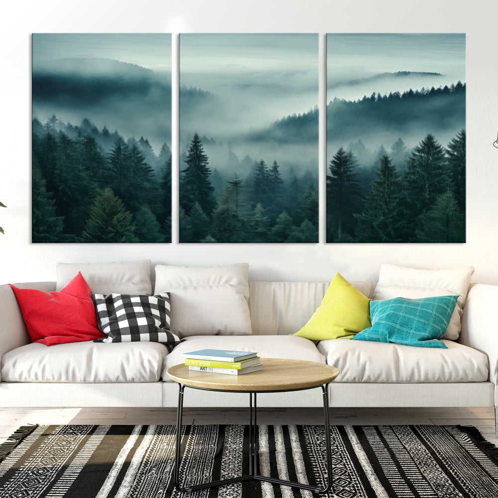 Enhance your living space with the Captivating Misty Fogy Forest Wall Art Premium Canvas Print. This triptych showcases a misty evergreen forest and is crafted on museum-quality canvases. Enjoy the added benefit of free shipping with this stunning piece of art.