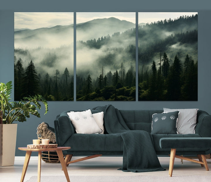 The "Captivating Misty Forest" wall art is a three-panel masterpiece that brings a foggy and serene atmosphere to the space. Printed on museum-quality canvas with a UV-protective coating, this piece offers an inviting and modern touch, ready to hang.