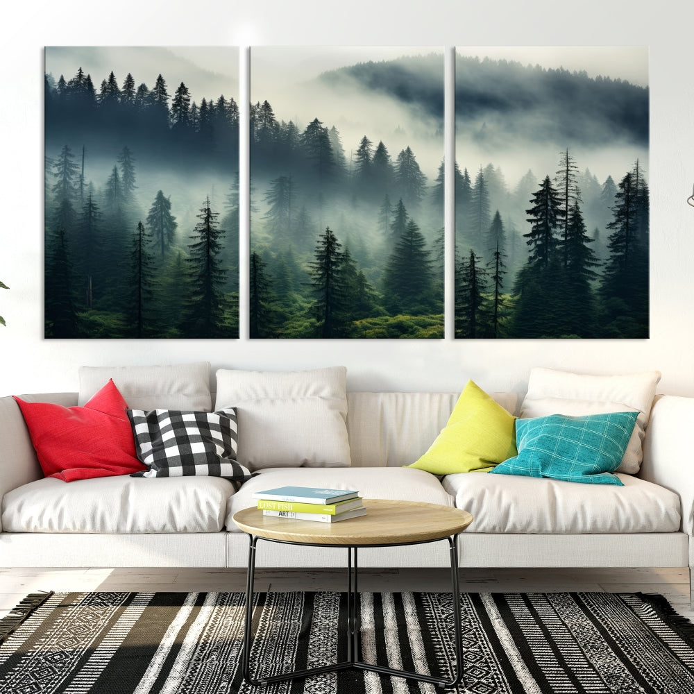 The Captivating Misty Forest Wall Art Premium Canvas Print creates a foggy and serene atmosphere in the living room. Each canvas is ready to hang and comes with a UV-protective coating to ensure lasting beauty.