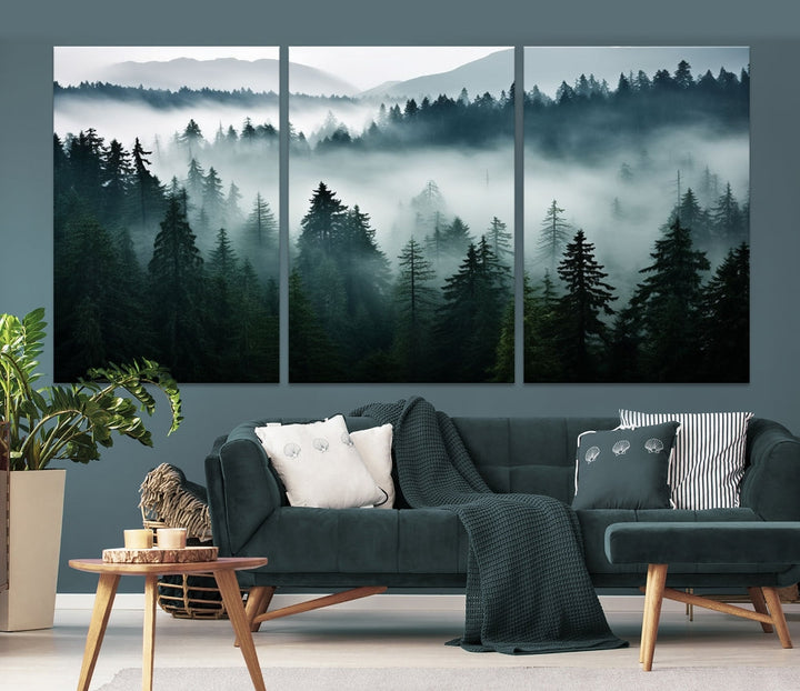 The Captivating Misty Forest Wall Art Premium Canvas Print, featuring a foggy and serene atmosphere on museum-quality canvases with a UV-protective coating, adorns the wall.