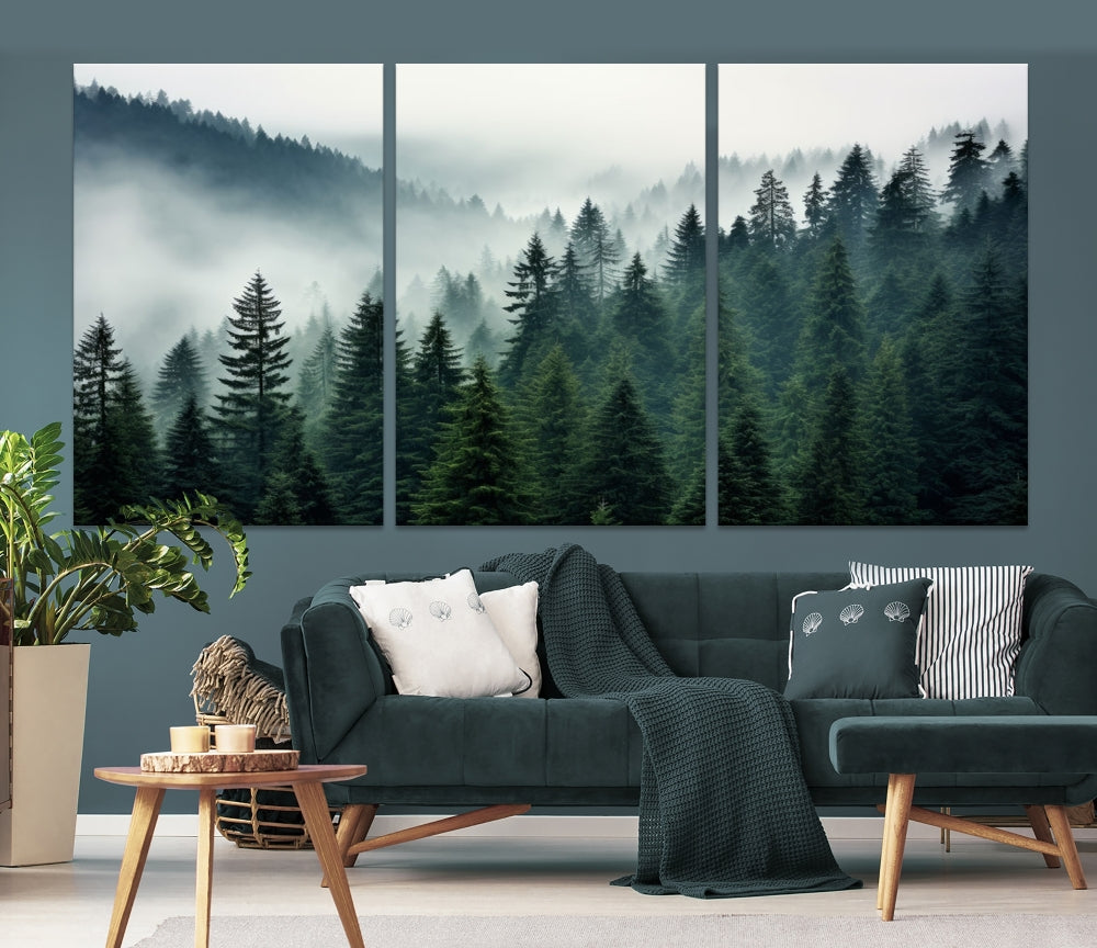 The Captivating Misty Forest Wall Art Premium Canvas Print portrays a foggy and serene atmosphere. This enchanting piece is displayed across three panels, each gallery wrapped for a seamless, sophisticated look.