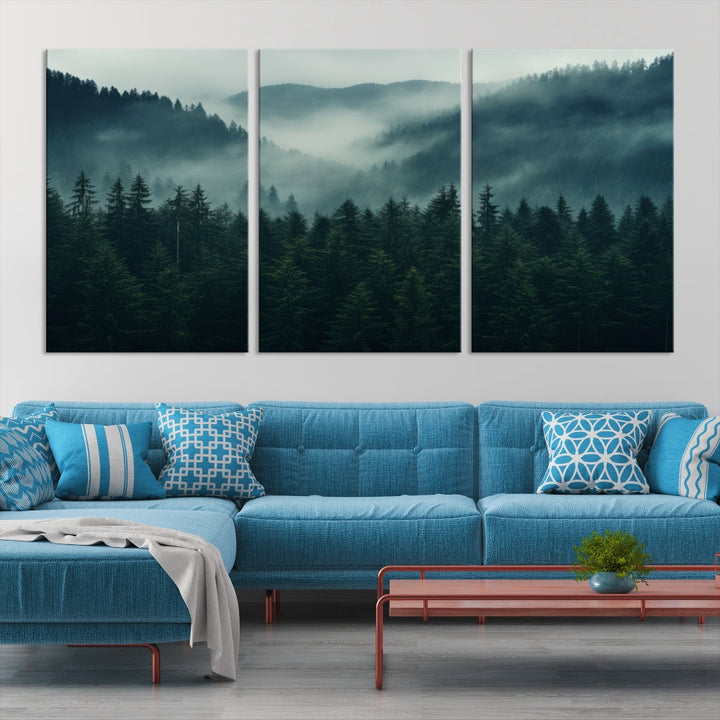 The Captivating Misty Forest Wall Art Premium Canvas Print adds a foggy and serene atmosphere to the living room with its large triptych on gallery-wrapped museum-quality canvas.