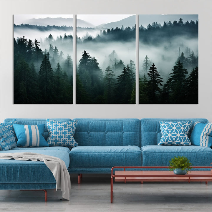 The Captivating Misty Forest Wall Art Premium Canvas Print, featuring a foggy and serene atmosphere on museum-quality canvases with a UV-protective coating, adorns the wall.