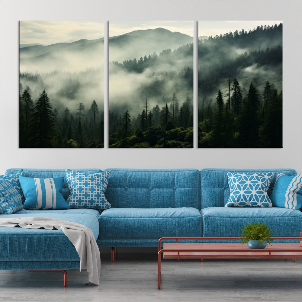 The "Captivating Misty Forest" wall art is a three-panel masterpiece that brings a foggy and serene atmosphere to the space. Printed on museum-quality canvas with a UV-protective coating, this piece offers an inviting and modern touch, ready to hang.