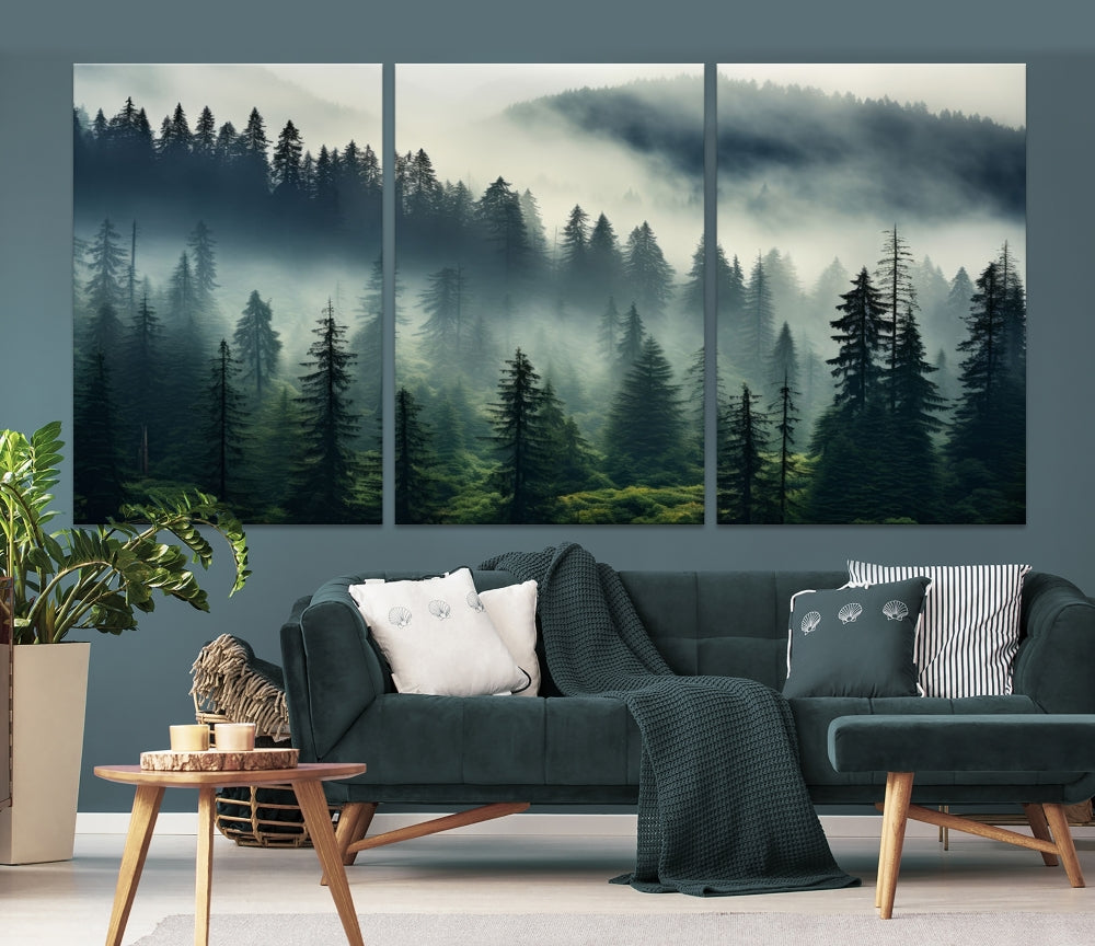 The Captivating Misty Forest Wall Art Premium Canvas Print creates a foggy and serene atmosphere in the living room. Each canvas is ready to hang and comes with a UV-protective coating to ensure lasting beauty.