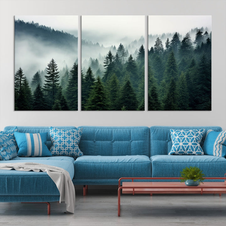 The Captivating Misty Forest Wall Art Premium Canvas Print portrays a foggy and serene atmosphere. This enchanting piece is displayed across three panels, each gallery wrapped for a seamless, sophisticated look.