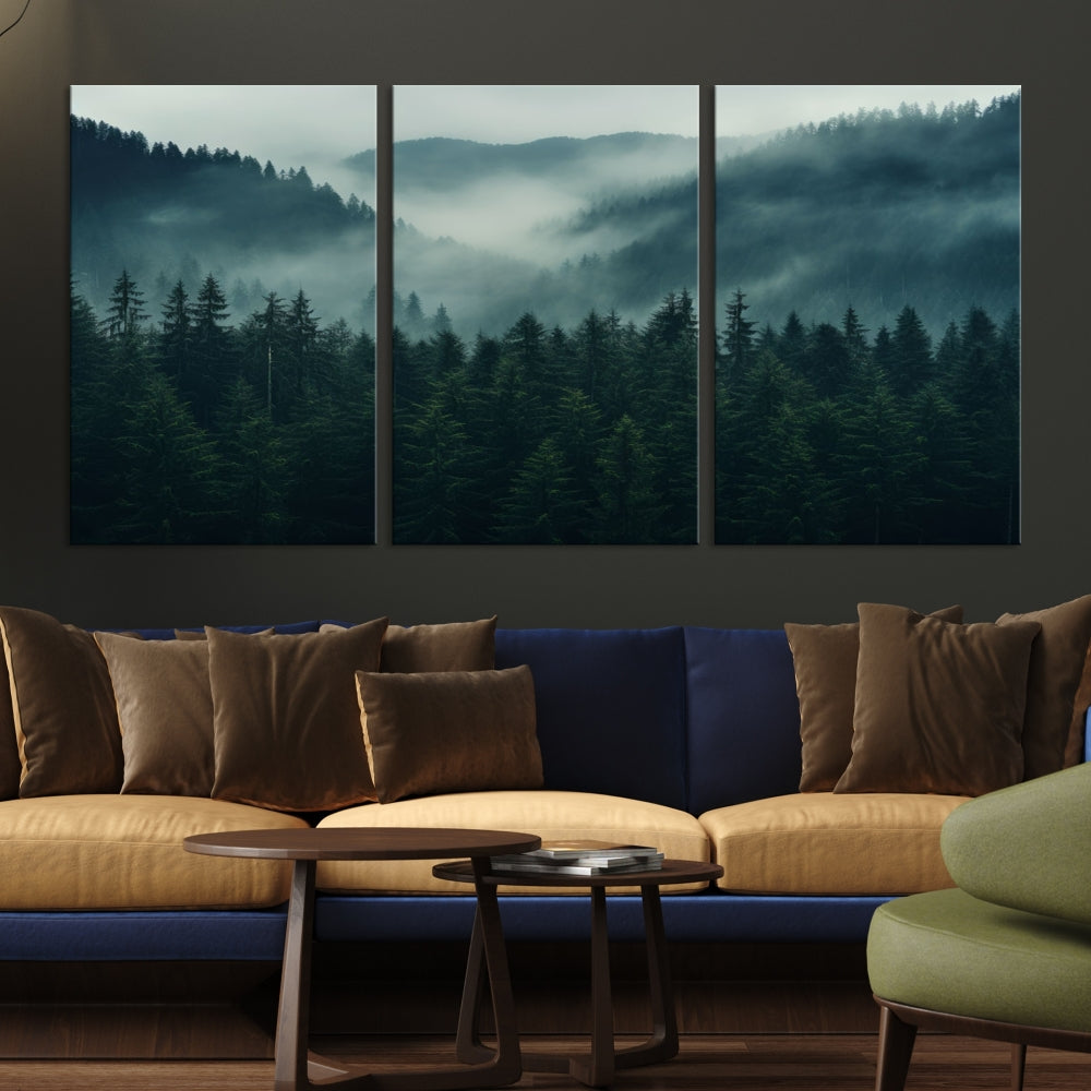 The Captivating Misty Forest Wall Art Premium Canvas Print adds a foggy and serene atmosphere to the living room with its large triptych on gallery-wrapped museum-quality canvas.