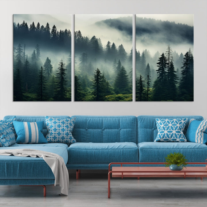 The Captivating Misty Forest Wall Art Premium Canvas Print creates a foggy and serene atmosphere in the living room. Each canvas is ready to hang and comes with a UV-protective coating to ensure lasting beauty.